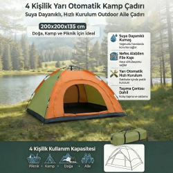 Mey İthalat®  4 Kişilik Yarı Otomatik Kamp Çadırı – Suya Dayanıklı, Hızlı Kurulumlu Outdoor Aile Çadırı, Doğa, Kamp ve Piknik 200x200x135 cm