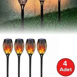 Mey İthalat® 4 lü Güneş Enerjili Alev Efektli LED Meşale Seti | Solar Bahçe ve Dış Mekan Aydınlatması