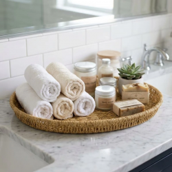 Mey İthalat®  40 cm Plastik Rattan Tepsi – Hasır Görünümlü Dekoratif Servis Tepsisi, Mutfak, Kahvaltı, Sunum ve Masaüstü Çok Amaçlı Organizer