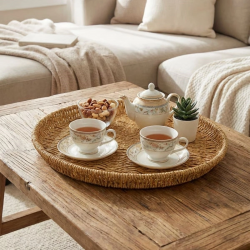 Mey İthalat®  40 cm Plastik Rattan Tepsi – Hasır Görünümlü Dekoratif Servis Tepsisi, Mutfak, Kahvaltı, Sunum ve Masaüstü Çok Amaçlı Organizer