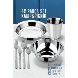 Mey İthalat® 42 Parça Tabak Kase Bardak Çatla Kaşık Seti Kamp Piknik Seti  721970