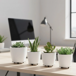 Mey İthalat® 4’lü 3D Beyaz Minimal Dekoratif Vazo Ayaklı Saksı Takımı