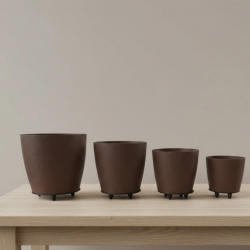 Mey İthalat® 4’lü 3D Kahve Tonlu Ayaklı Saksı Seti Modern Dekoratif Vazo Takımı