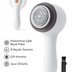 Mey İthalat® 6 Bıçaklı Şarjlı Tüy Ve Tiftik Temizleme Makinesi Beyaz Yuvarlak Tasarım YEDEK BIÇAKLI