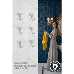 Mey İthalat® 6 lı Şeffaf Yapışkanlı Askı, Mutfak Banyo Duvar Askısı, Çivisiz Pratik Kanca Seti