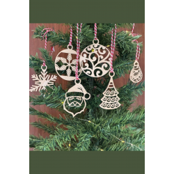 Mey İthalat®  6 Parça Kırmızı Beyaz İpli Noel Babalı ve Kar Tanesi Model Ahşap Yılbaşı Ağaç Süsü