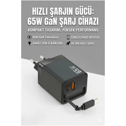 Mey İthalat® 65W Süper Hızlı Şarj Cihazı | Dahili Type-C Kablo | USB-C & USB-A Çıkış | Çoklu Cihaz Desteği