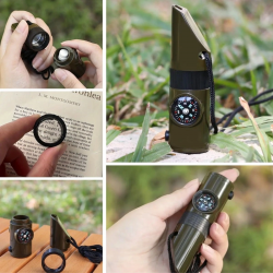 Mey İthalat®  7si 1arada Acil Durum Düdüğü,El Feneri, Termometre,Pusula,Büyüteç,Depolama Bölmeli Kampçı Düdüğü