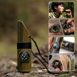 Mey İthalat®  7si 1arada Acil Durum Düdüğü,El Feneri, Termometre,Pusula,Büyüteç,Depolama Bölmeli Kampçı Düdüğü