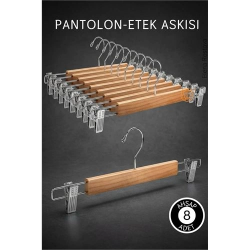 Mey İthalat® 8 Adet Ahşap Pantolon Etek Askısı - Ayarlanabilir Gümüş Mandallı 36cm Organizer Set 719305