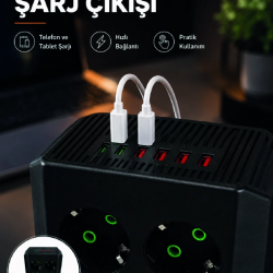 Mey İthalat® 8'li Dikey Çoklu Priz 4 USB 2 Type-C Akım Korumalı Anahtarlı Priz