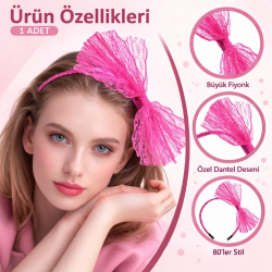 Mey İthalat® 80’ler 90’lar Neon Pembe Dantel Taç Fiyonklu