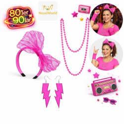Mey İthalat® 80’ler 90’lar Neon Pembe Parti Seti – Kolye Küpe Taç