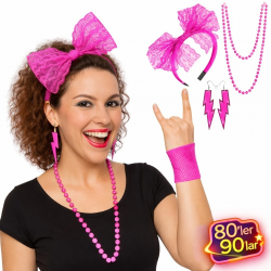 Mey İthalat® 80’ler 90’lar Neon Pembe Parti Seti – Kolye Küpe Taç