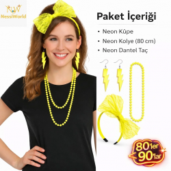 Mey İthalat® 80’ler 90’lar Neon Sarı Parti Seti – Kolye Küpe Taç