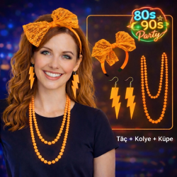 Mey İthalat® 80’ler 90’lar Neon Turuncu Parti Seti – Kolye Küpe Taç