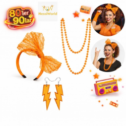 Mey İthalat® 80’ler 90’lar Neon Turuncu Parti Seti – Kolye Küpe Taç