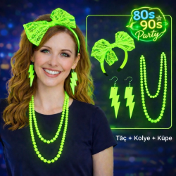 Mey İthalat® 80’ler 90’lar Neon Yeşil Parti Seti – Kolye Küpe Taç
