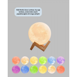 Mey İthalat® Ahşap Standlı 3D Baskı Ay Lambası 16 Renkli ve Şarjlı