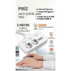 Mey İthalat® Akım Korumalı 2500W Güçlü 3 USB + Type-C Portlu Çoklu Priz | Hızlı Şarj, Çocuk Kilidi, 2 METRE