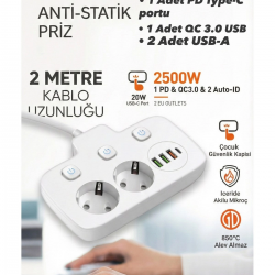Mey İthalat® Akım Korumalı 2500W Güçlü 3 USB + Type-C Portlu Çoklu Priz | Hızlı Şarj, Çocuk Kilidi, 2 METRE