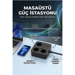 Mey İthalat® AKIM KORUMALI Avrupa Soket Kartı Tip-C Usb 2 m Uzatma Kablosu Emniyet Anahtarı ile