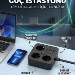 Mey İthalat® AKIM KORUMALI Avrupa Soket Kartı Tip-C Usb 2 m Uzatma Kablosu Emniyet Anahtarı ile