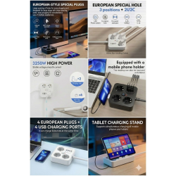 Mey İthalat® AKIM KORUMALI Avrupa Soket Kartı Tip-C Usb 2 m Uzatma Kablosu Emniyet Anahtarı ile