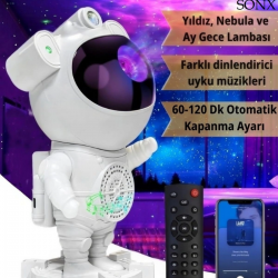 Mey İthalat® Astronot Bluetooth Hoparlör Bulutsusu Galax yAy Tavan Gökyüzü Projektör Zamanlayıcı Gece ası