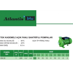 Mey İthalat® Atlantis CM20 1 HP Tek Kademeli Santrifuj Pompa