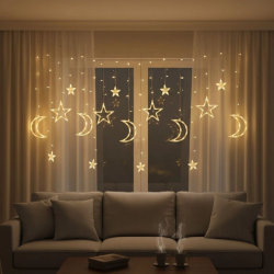 Mey İthalat® Ay ve Yıldız Figürlü Kumandalı 12 Sarkıtlı 120 LED Dekor Işık – Dekoratif Ortam ve Masaüstü Aydınlatması