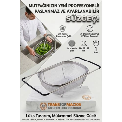 Mey İthalat® Ayarlanabilir Lavabo Üstü Süzgeç - Paslanmaz Çelik Makarna Meyve Sebze Yıkama Sepeti 723131