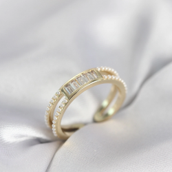 Mey İthalat® Baget Zirkon Taşlı Gold Renk İncili Kadın Yüzük