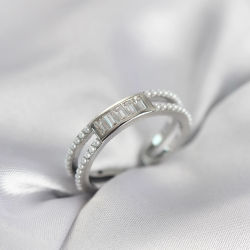 Mey İthalat® Baget Zirkon Taşlı Gümüş Renk İncili Kadın Yüzük