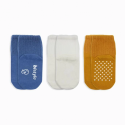 Mey İthalat®  Basic Kaymaz Penye Soket Çorap 3'Lü BS10106 İndigo Ekru Hardal