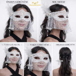 Mey İthalat® Beyaz Dantel Tüllü Peçeli Parti Maskesi – Tüylü İnci Detaylı