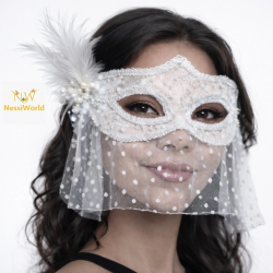 Mey İthalat® Beyaz Dantel Tüllü Peçeli Parti Maskesi – Tüylü İnci Detaylı