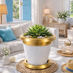 Mey İthalat®  Bilezikli 1.7 Litre Dekoratif Plastik Saksı Beyaz