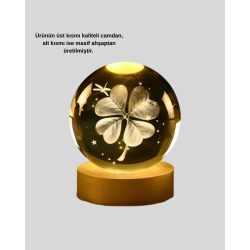 Mey İthalat® Bitki Temalı LED Işıklı Cam Küre Ahşap Standlı Modern Gece Lambası