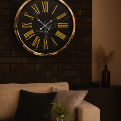 Mey İthalat® Black Marble Gold 52 Cm Metal Duvar Saati