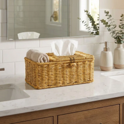 Mey İthalat®  Bölmeli Kapaklı Doğal Rattan Görünümlü Hasır Makyaj, Takı ve Havlu Düzenleyici – Peçetelikli Çok Amaçlı Masaüstü Organizer Sepet