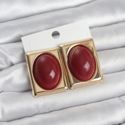 Mey İthalat® Bordo Kare Model Vintage Gold Renk Kadın Küpe