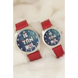 Mey İthalat® Bordo Renk Deri Kordonlu İstanbul Tasarımlı Sevgili Saatleri