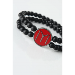 Mey İthalat® Bordo Renkli Metal Üzerine Füme Kayı Boyu Figürlü Siyah Renk Çift Sıra Doğal Taş Erkek Bileklik