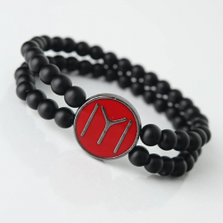 Mey İthalat® Bordo Renkli Metal Üzerine Füme Kayı Boyu Figürlü Siyah Renk Çift Sıra Doğal Taş Erkek Bileklik