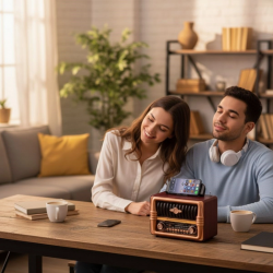 Mey İthalat®  Büyük Boy Telefon Tutma Aparatlı Retro Ahşap Tasarım Bluetooth Hoparlörlü Radyo – FM/AM Destekli, Şarjlı ve Taşınabilir Radyo NS-8079