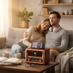 Mey İthalat®  Büyük Boy Telefon Tutma Saplı Retro Ahşap Tasarım Bluetooth Hoparlörlü Radyo – FM/AM Destekli, Şarjlı ve Taşınabilir Radyo NS-8077