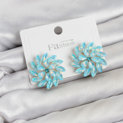 Mey İthalat® Buz Mavisi Renk Kristal Taşlı Çiçek Model Kadın Küpe