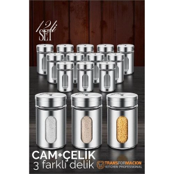 Mey İthalat® Cam+Çelik Tuzluk Biberlik Karabiberlik 3 Farklı Delikli 12 li SET 721946