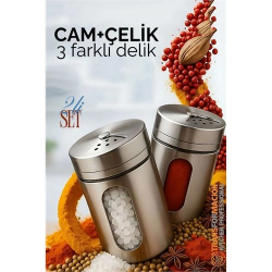 Mey İthalat® Cam+Çelik Tuzluk Biberlik Karabiberlik 3 Farklı Delikli 2 li SET 721944